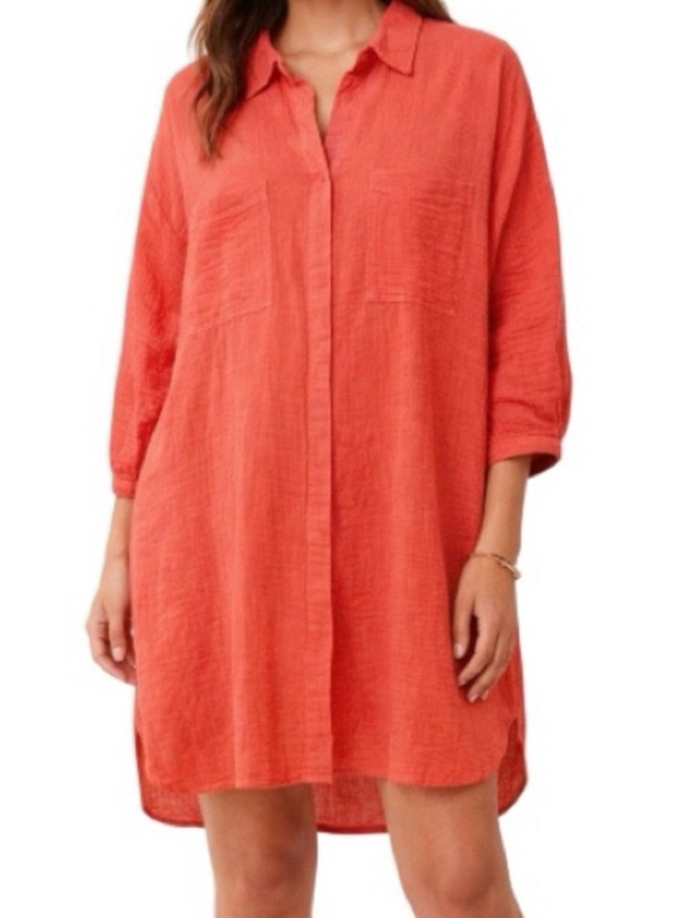 Bright Orange Lightweight Gauze Tunic Shirt Dress